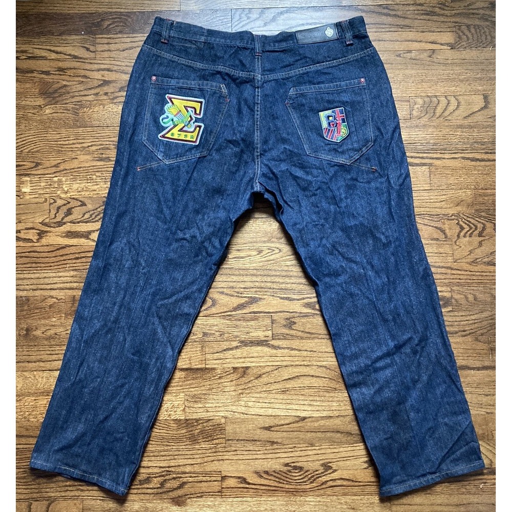 Eight 732 Baggy Jeans Men 44x34 Denim Patches Embroidered Skater Wide Leg Y2K